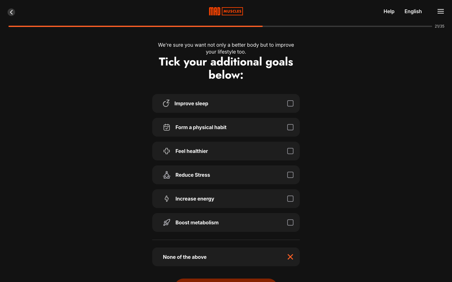 Screen 27: Tick your additional goals below: