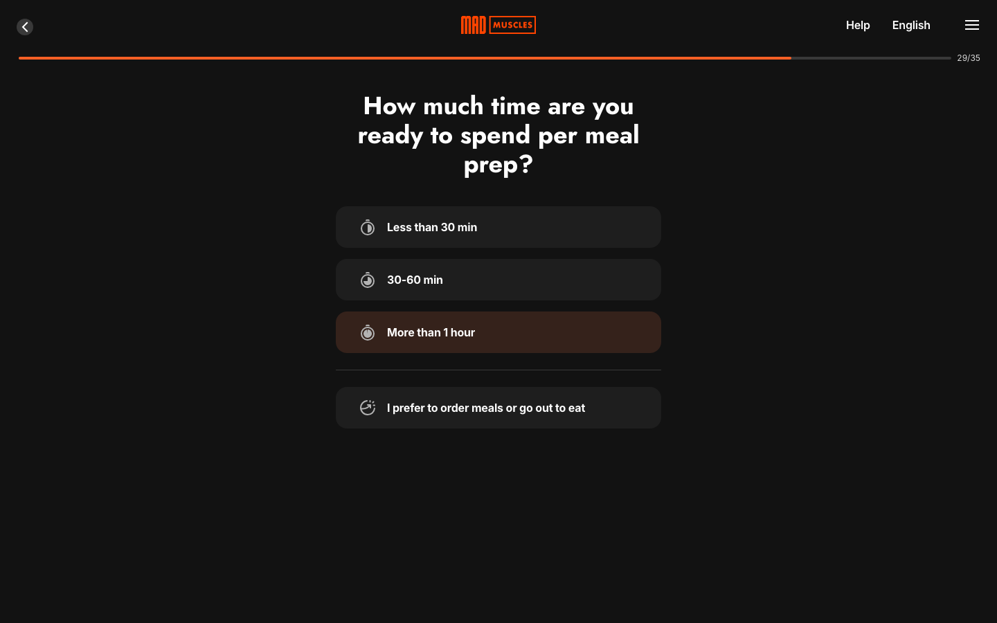 Screen 35: How much time are you ready to spend per meal prep?