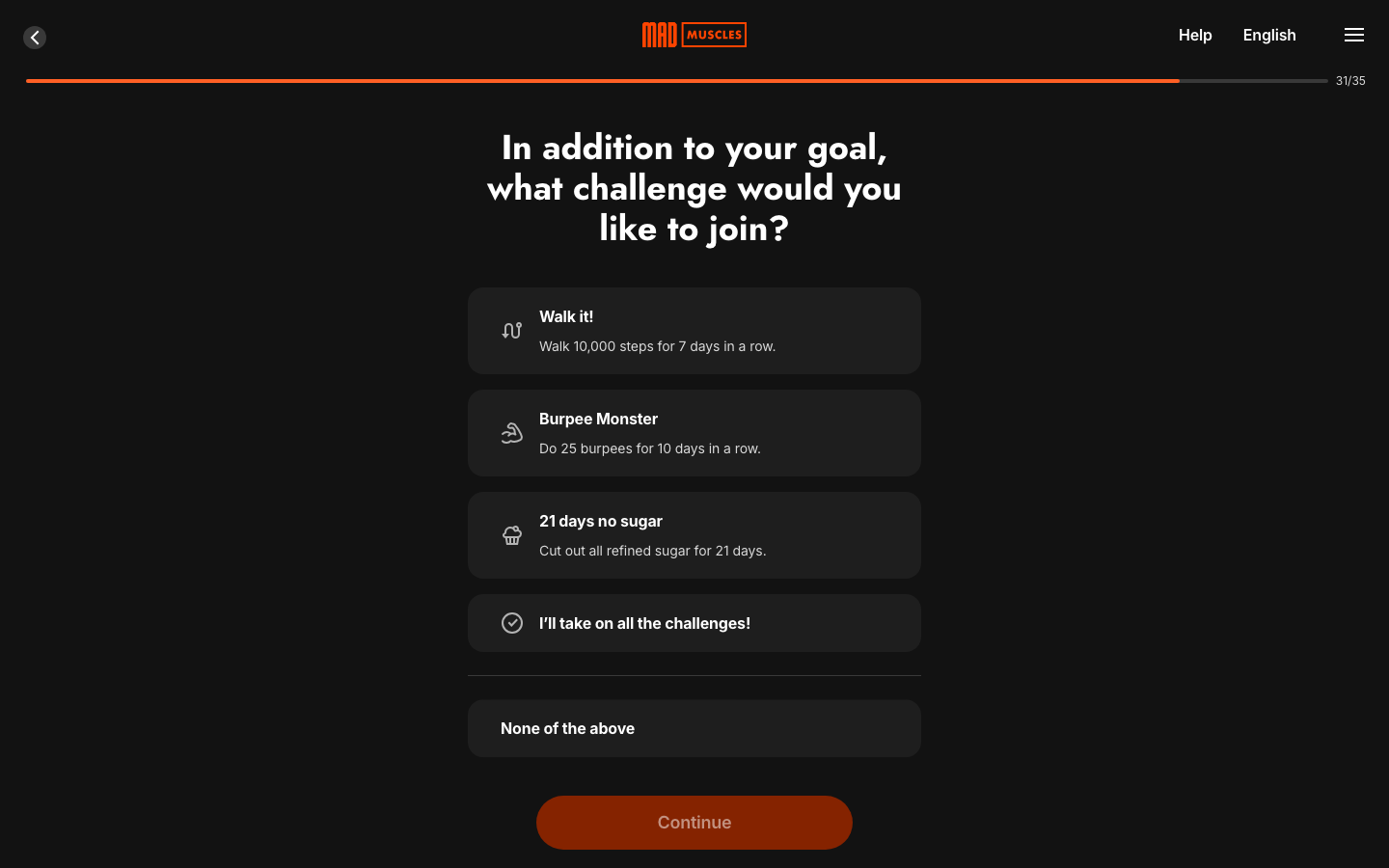 Screen 37: In addition to your goal, what challenge would you like to join?