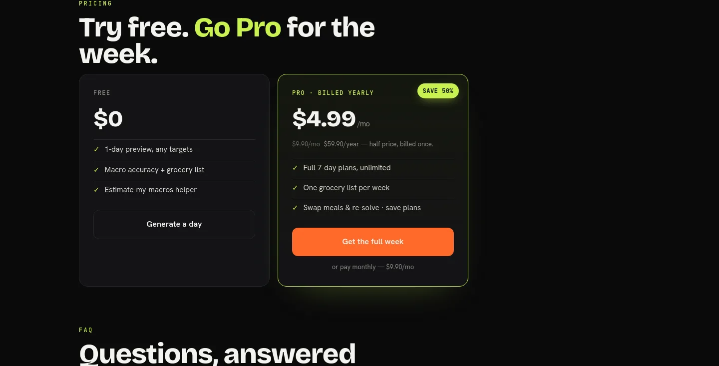 aimealplangenerator.com — Pricing