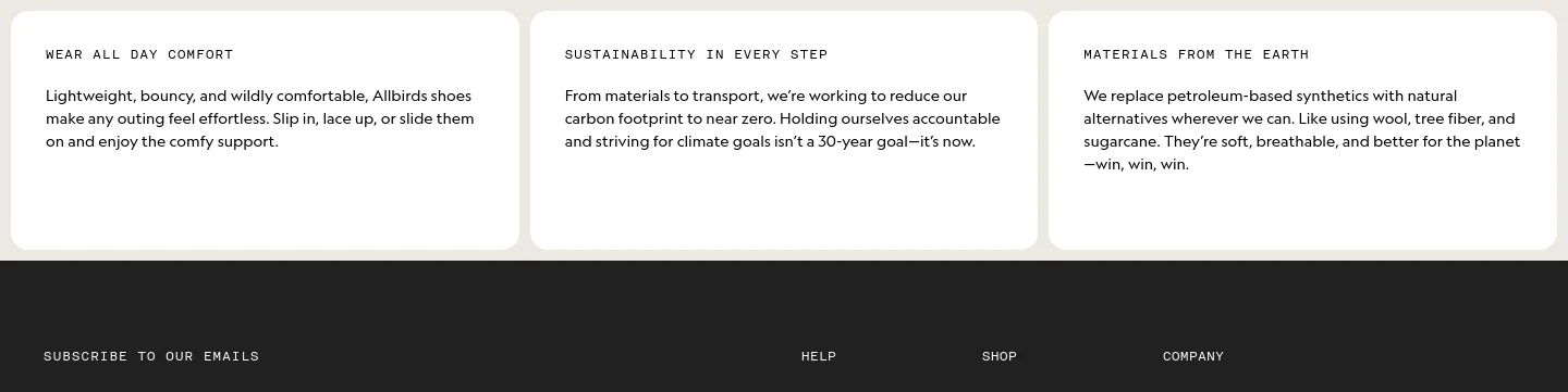 allbirds.com Features section