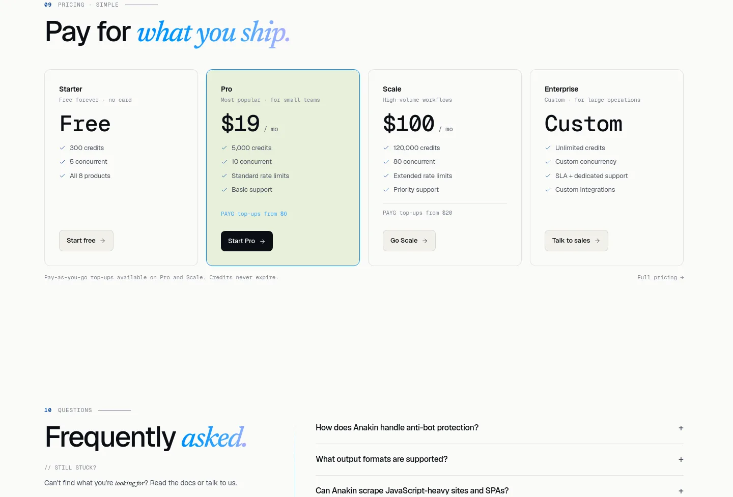 anakin.io Pricing section