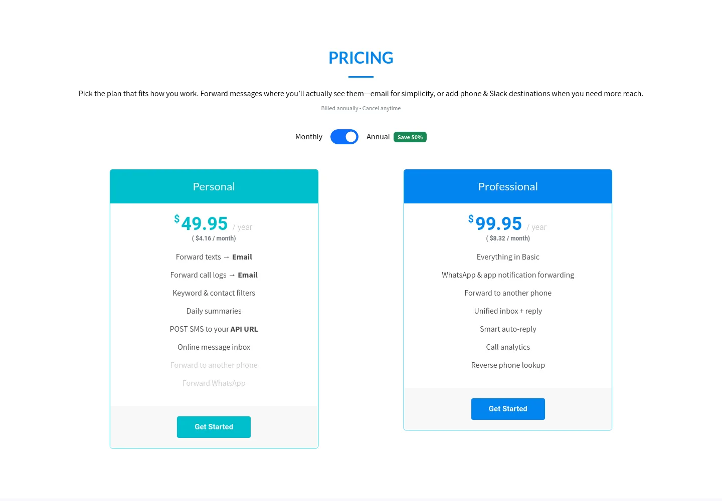 autoforwardtext.com Pricing section