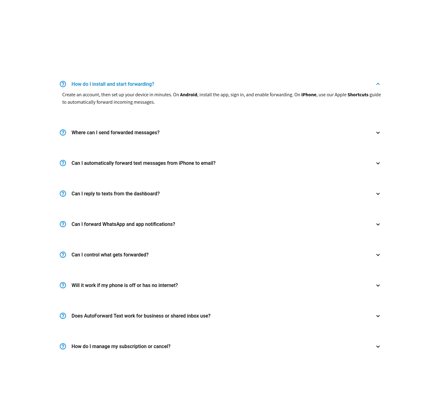 autoforwardtext.com FAQ section