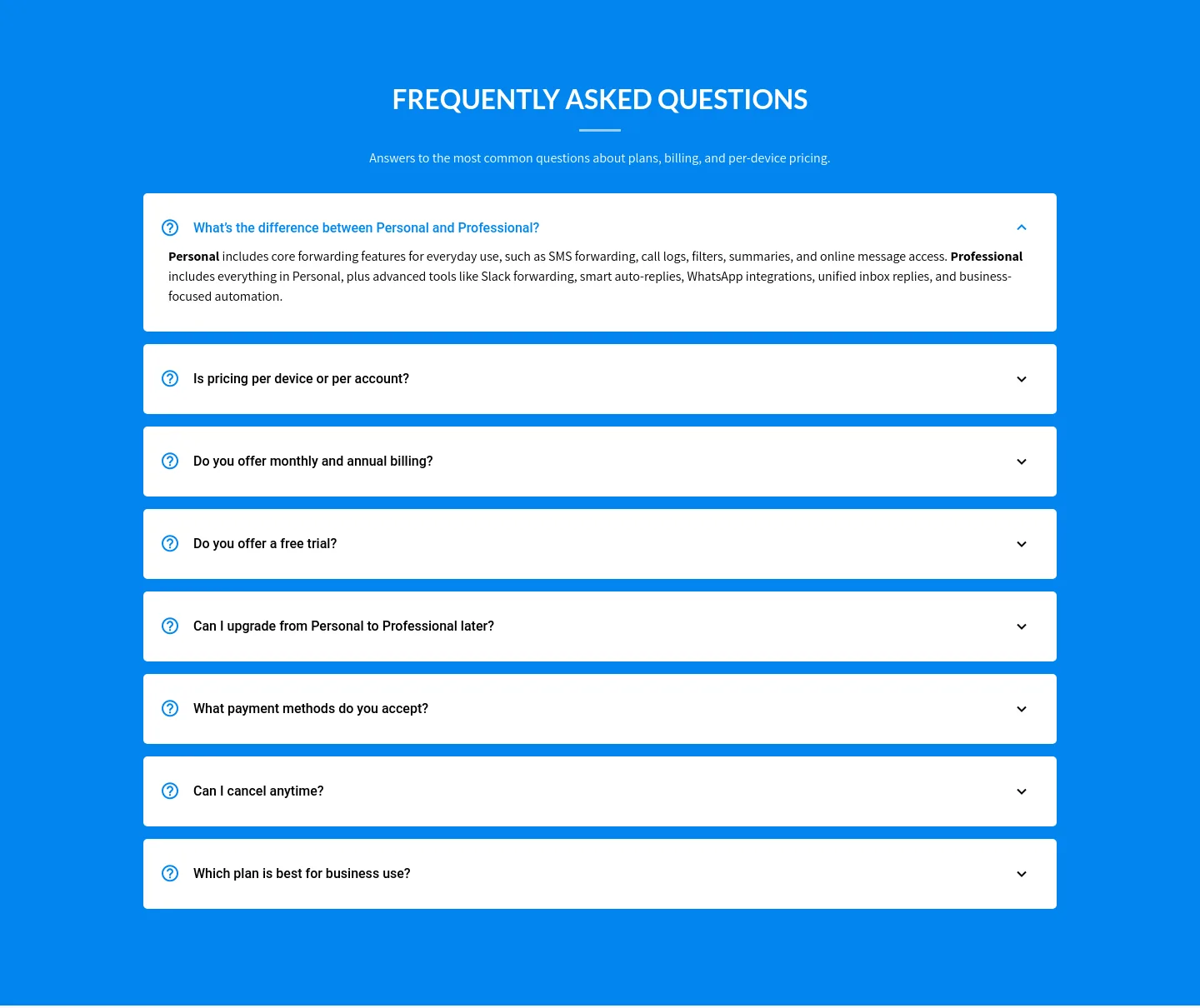 autoforwardtext.com FAQ section