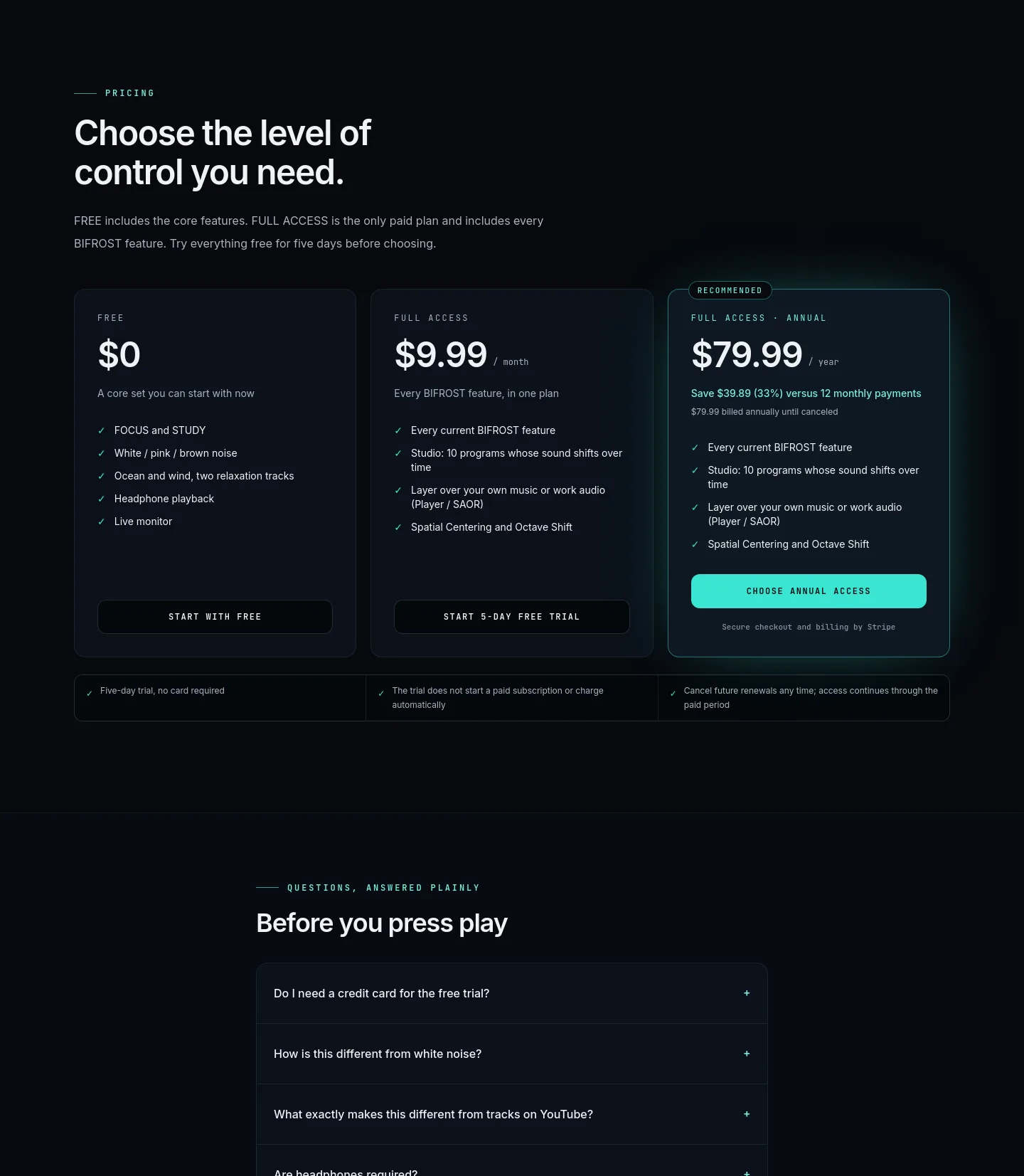 bifrostaudio.com Pricing section