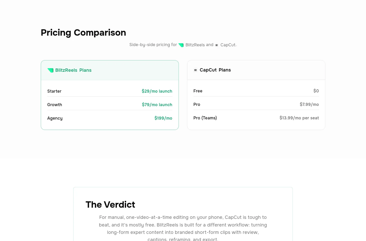 blitzreels.com Pricing section