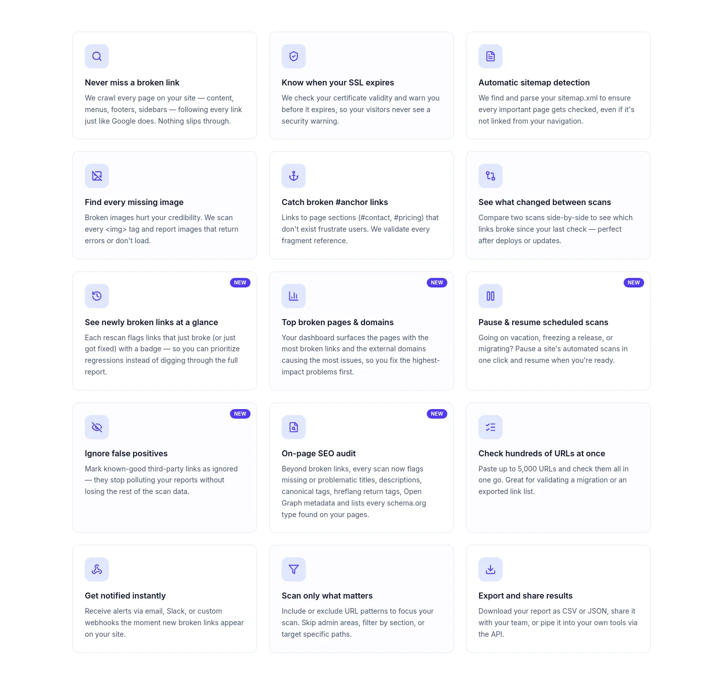 brokenlinkscan.com Features section
