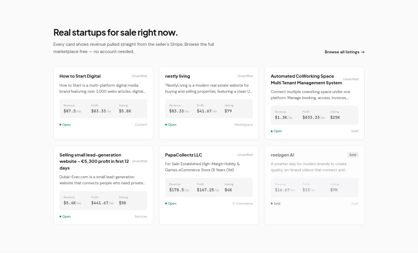 buymicrostartups.com — Pricing