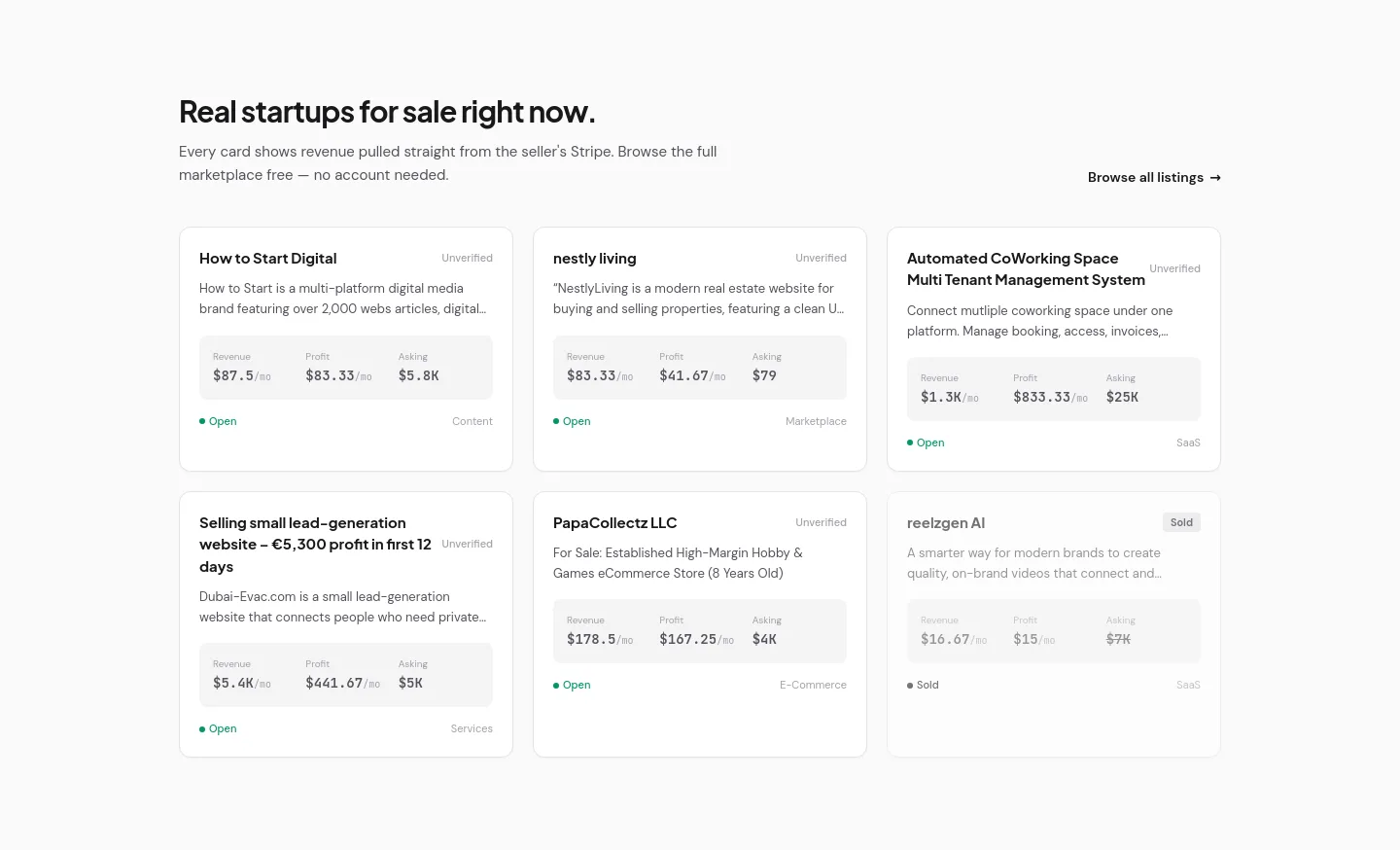 buymicrostartups.com Pricing section