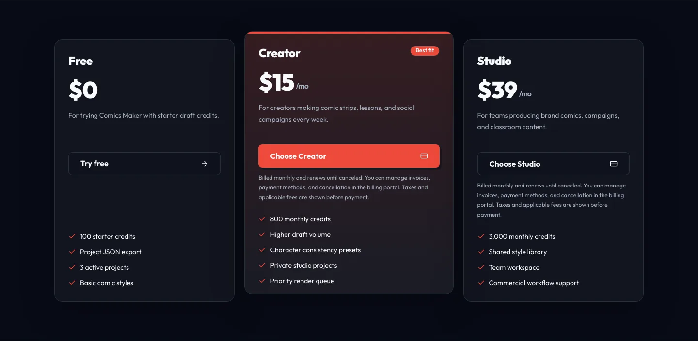 comicsmaker.net Pricing section