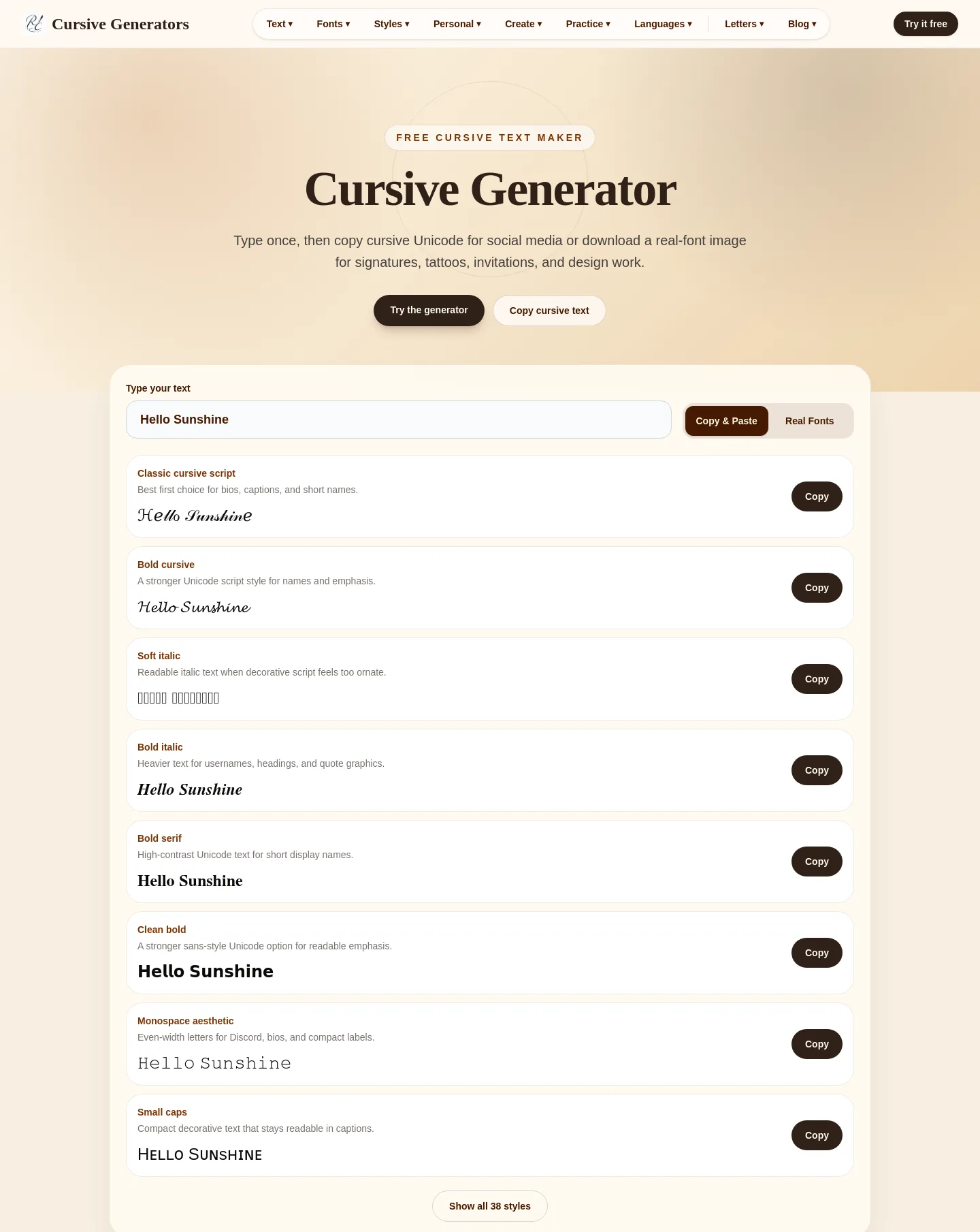 cursivegenerators.org — Hero + Features + FAQ