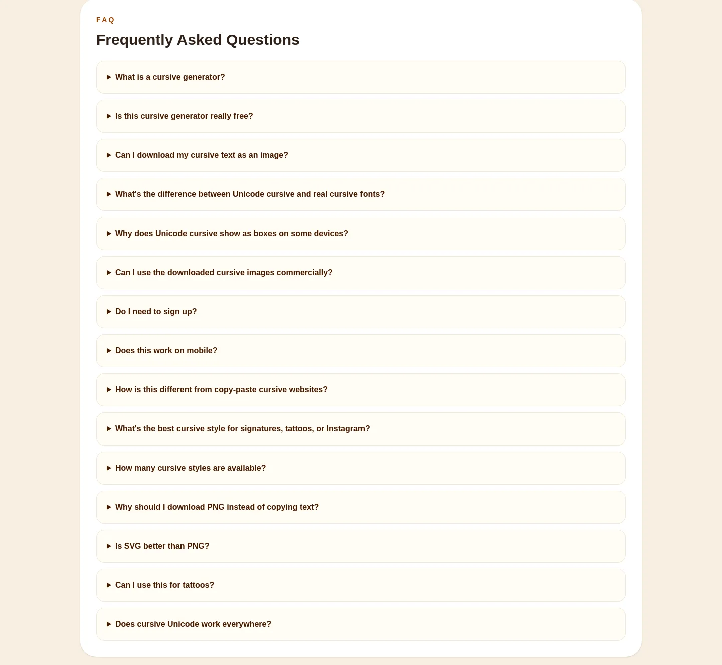 cursivegenerators.org — FAQ