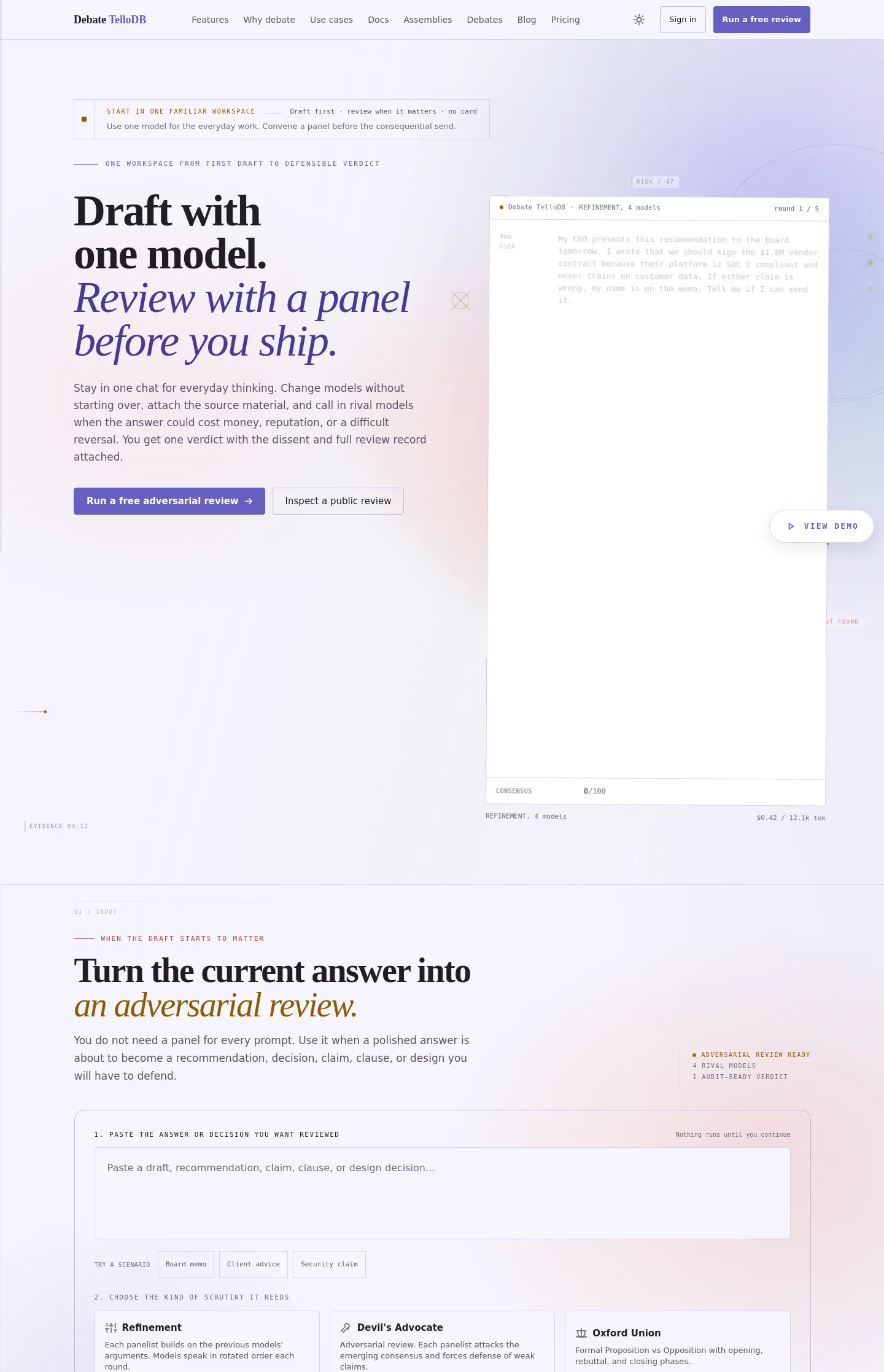 debate.tellodb.com — Hero + Pricing