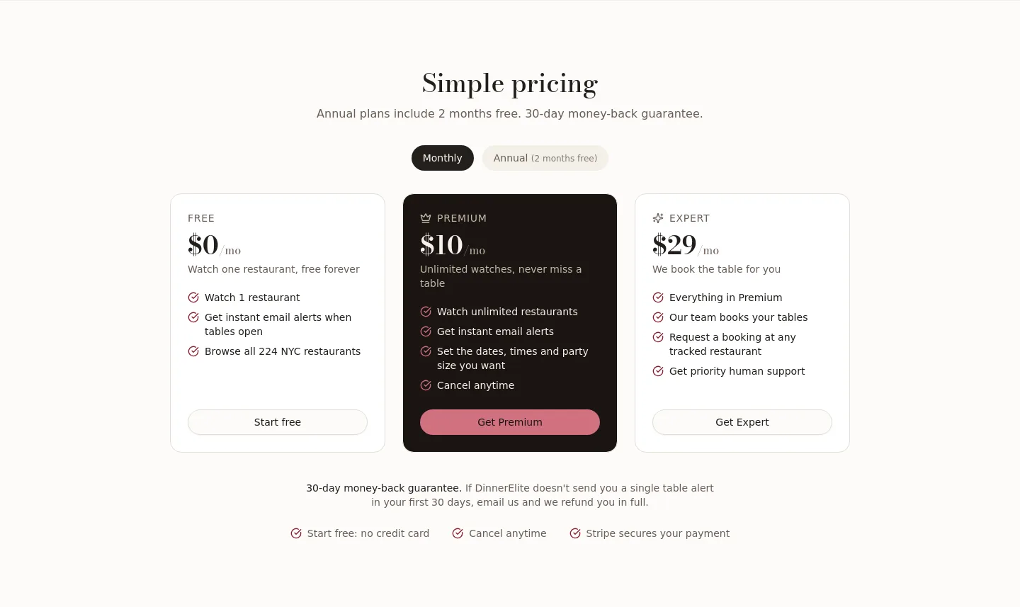 dinnerelite.com Pricing section