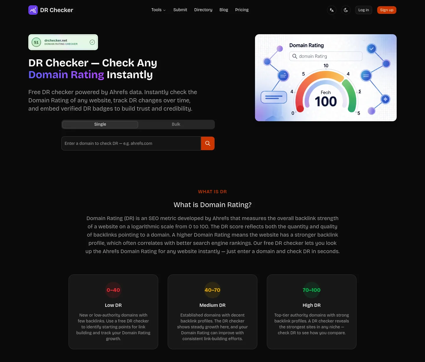 drchecker.net — Hero + Features + FAQ