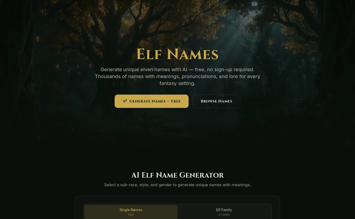 elfnames.wiki — a real Hero section