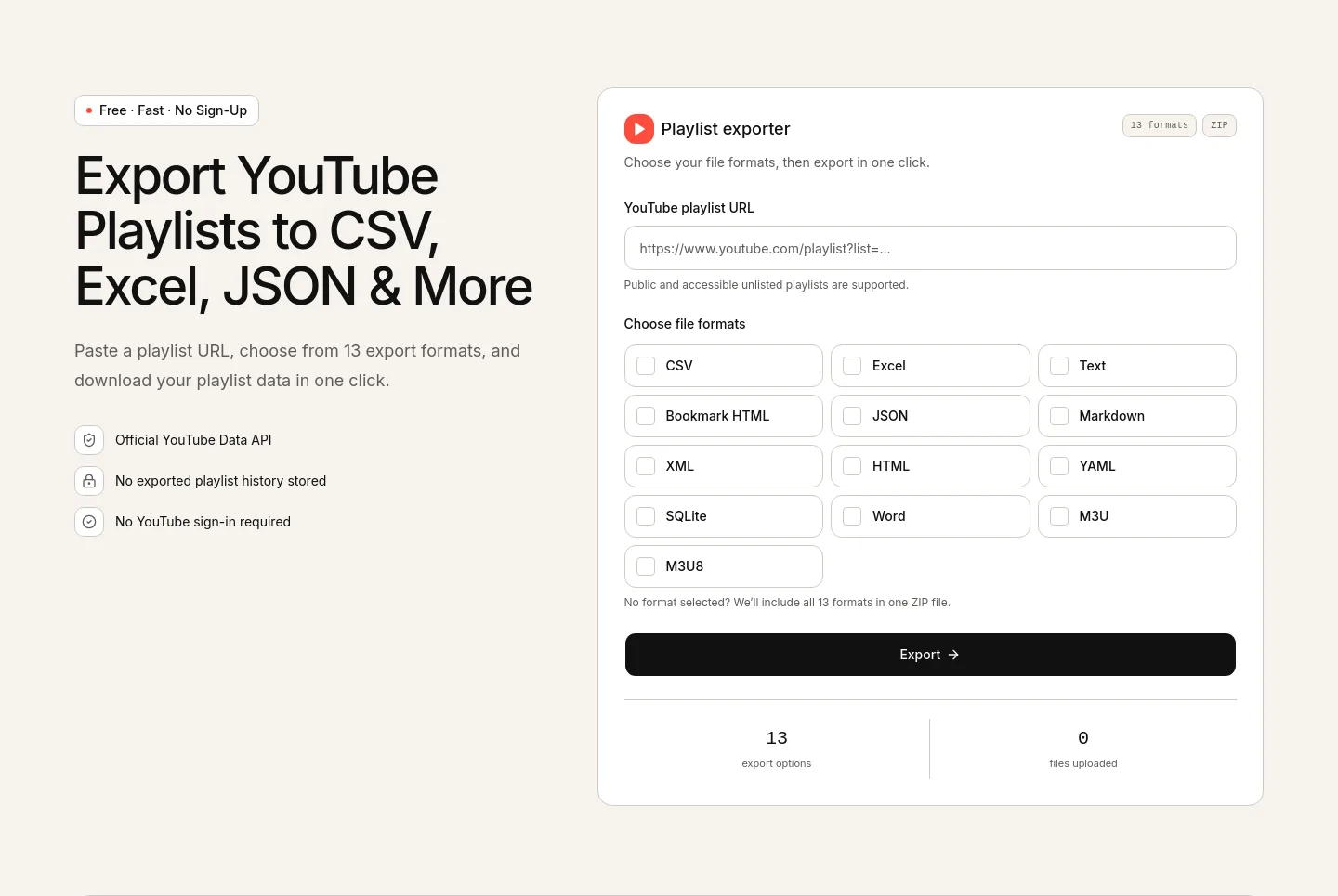exportyoutubeplaylist.com — a real Hero section