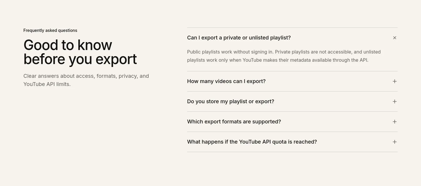 exportyoutubeplaylist.com — FAQ