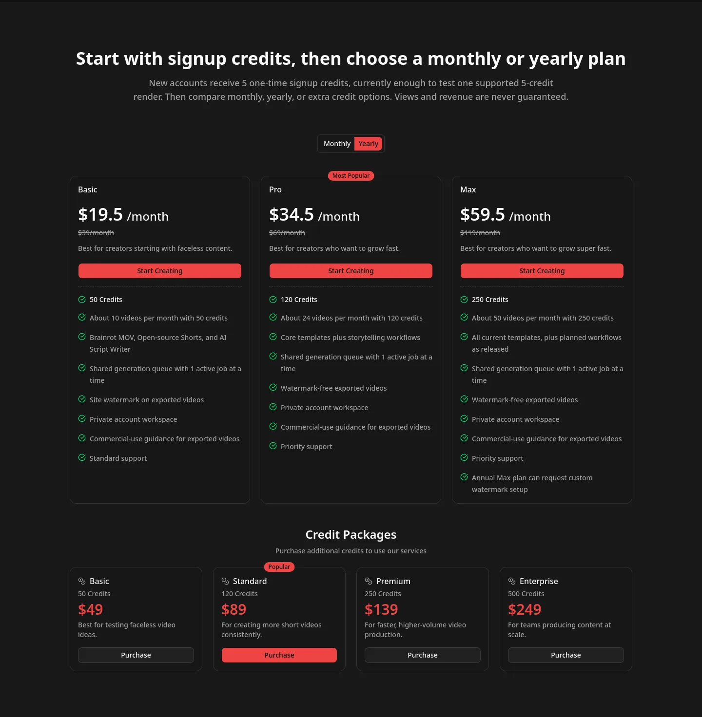 facelessreels.video — Pricing