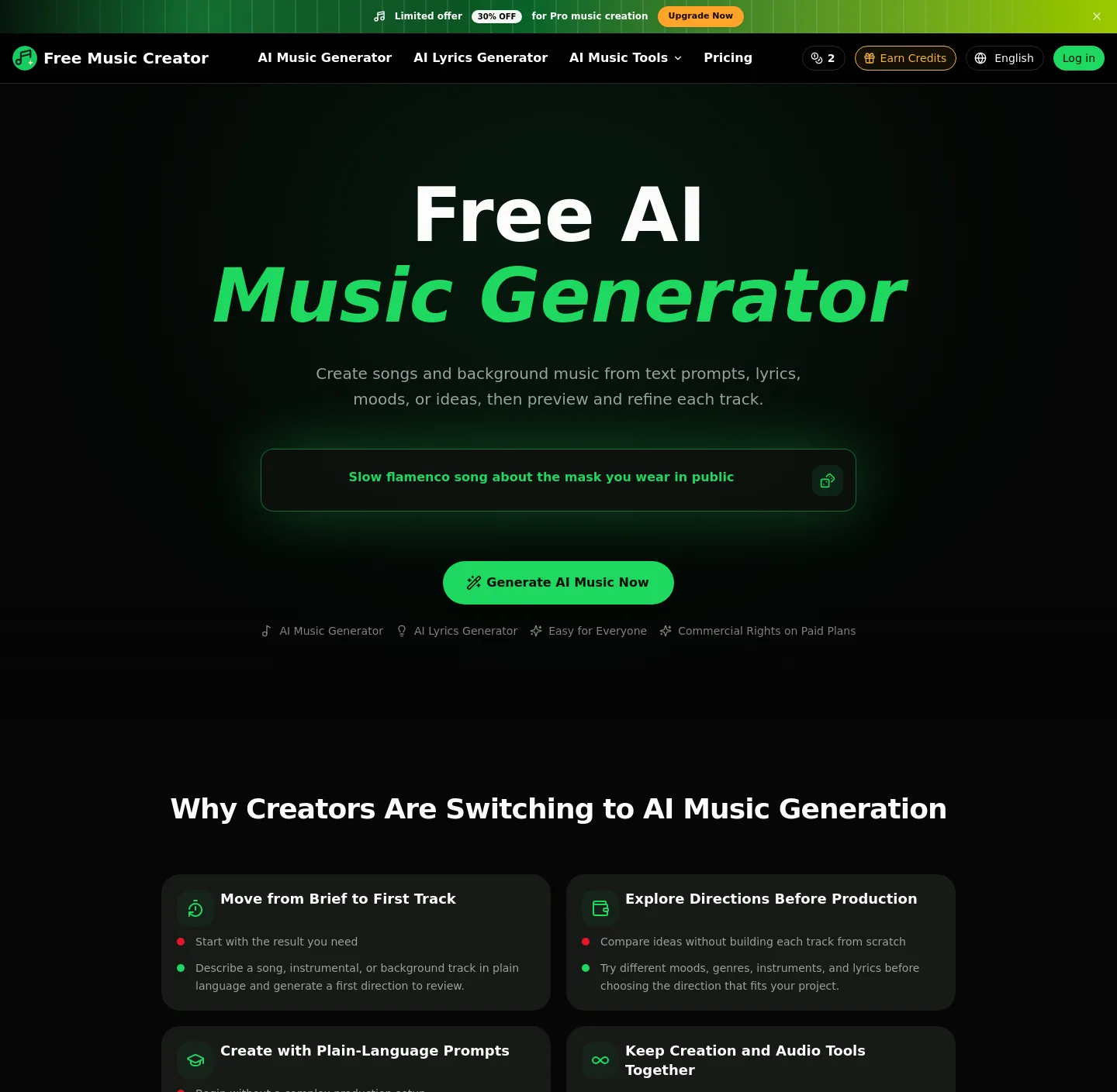 freemusiccreator.ai — Hero + Logo Wall + Pricing + FAQ