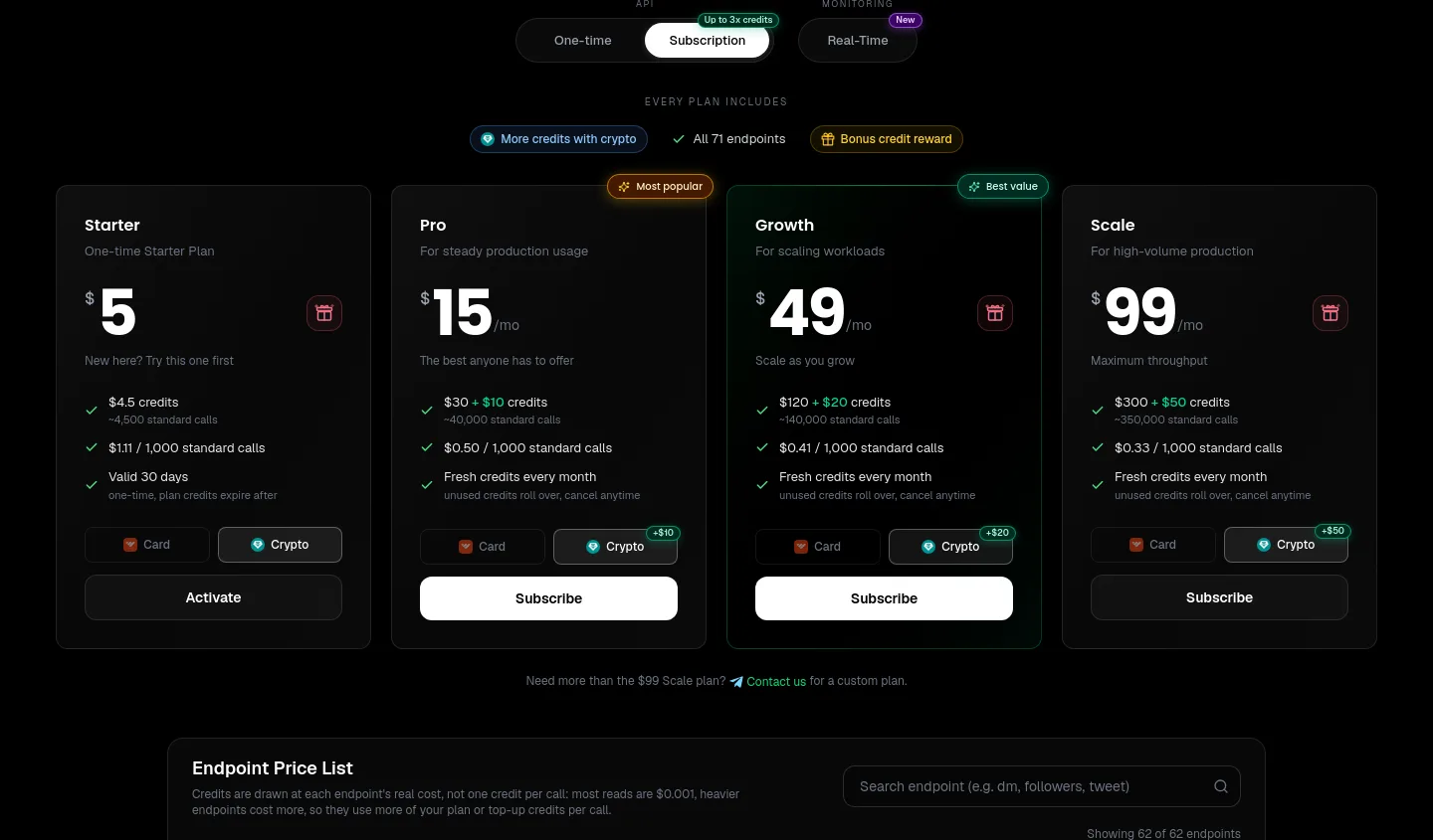 getxapi.com Pricing section