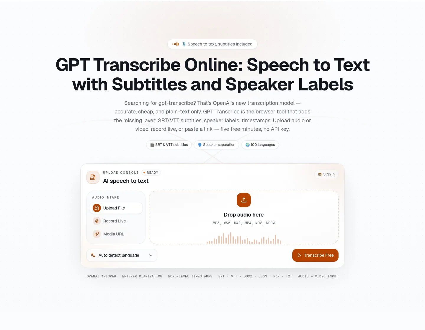 gpt-transcribe.org — a real Hero section