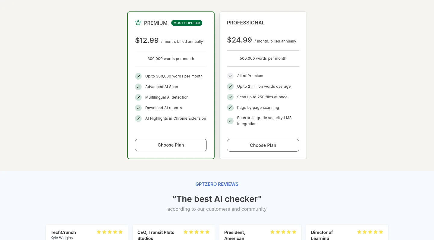 gptzero.me Pricing section