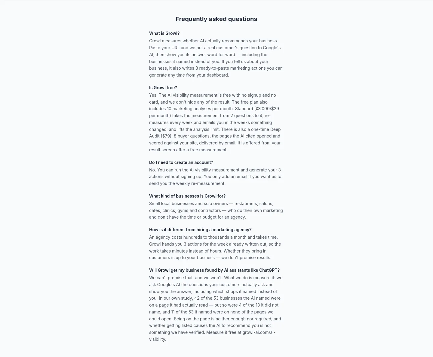 growl-ai.com — a real FAQ section