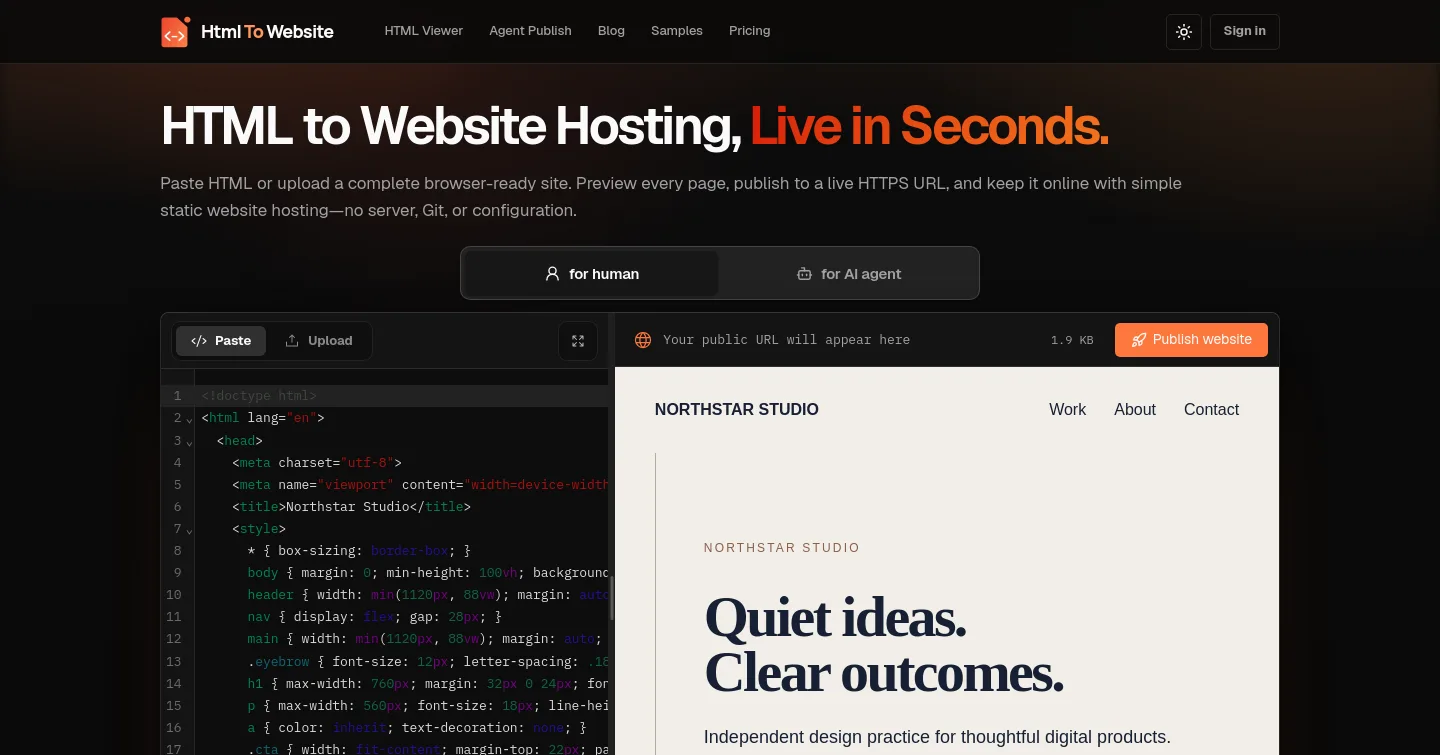 htmltowebsite.com — Hero + Features + FAQ