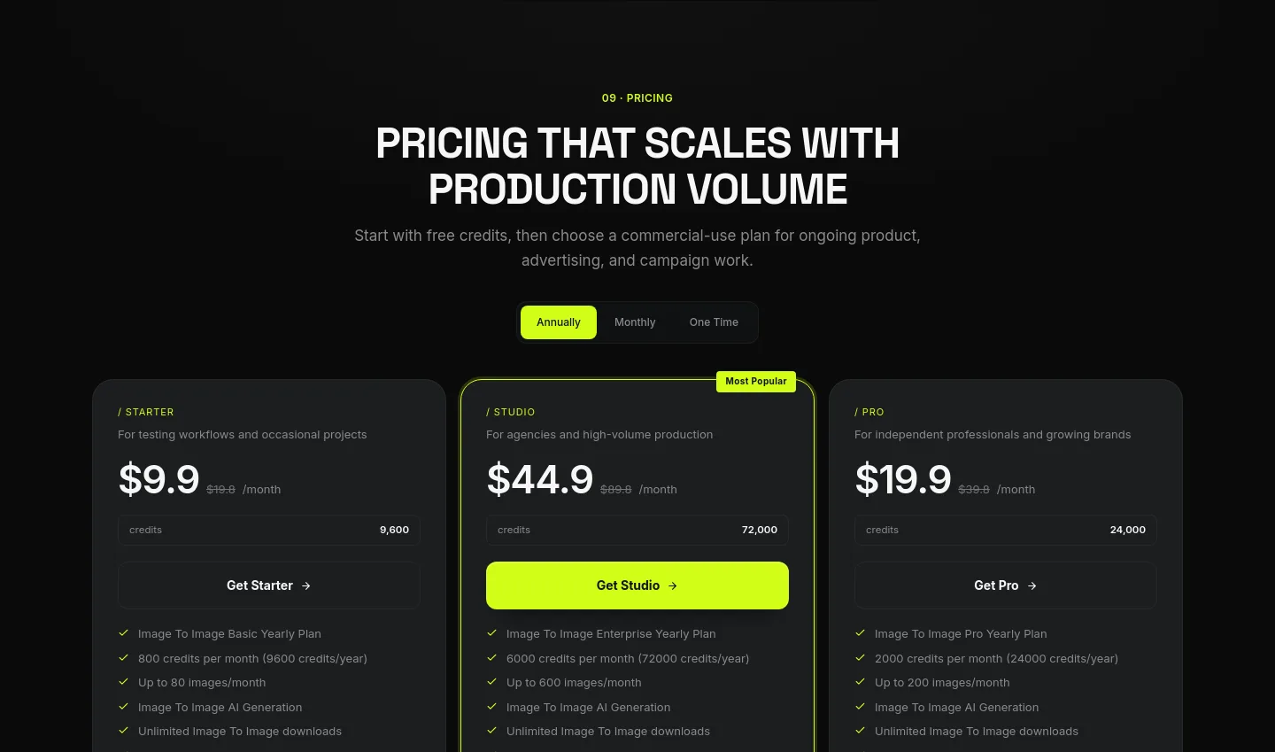 image2image.app Pricing section