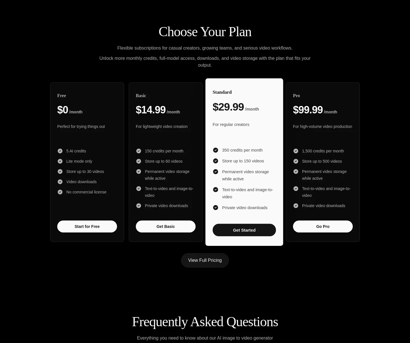 imagetovideogenerator.net Pricing section