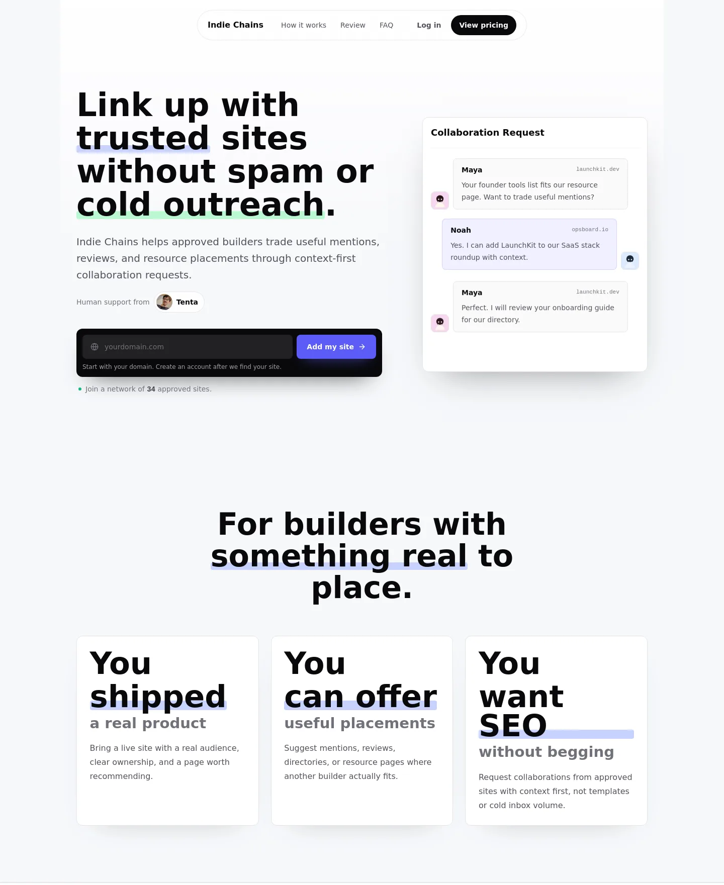 indiechains.com — Hero + Pricing