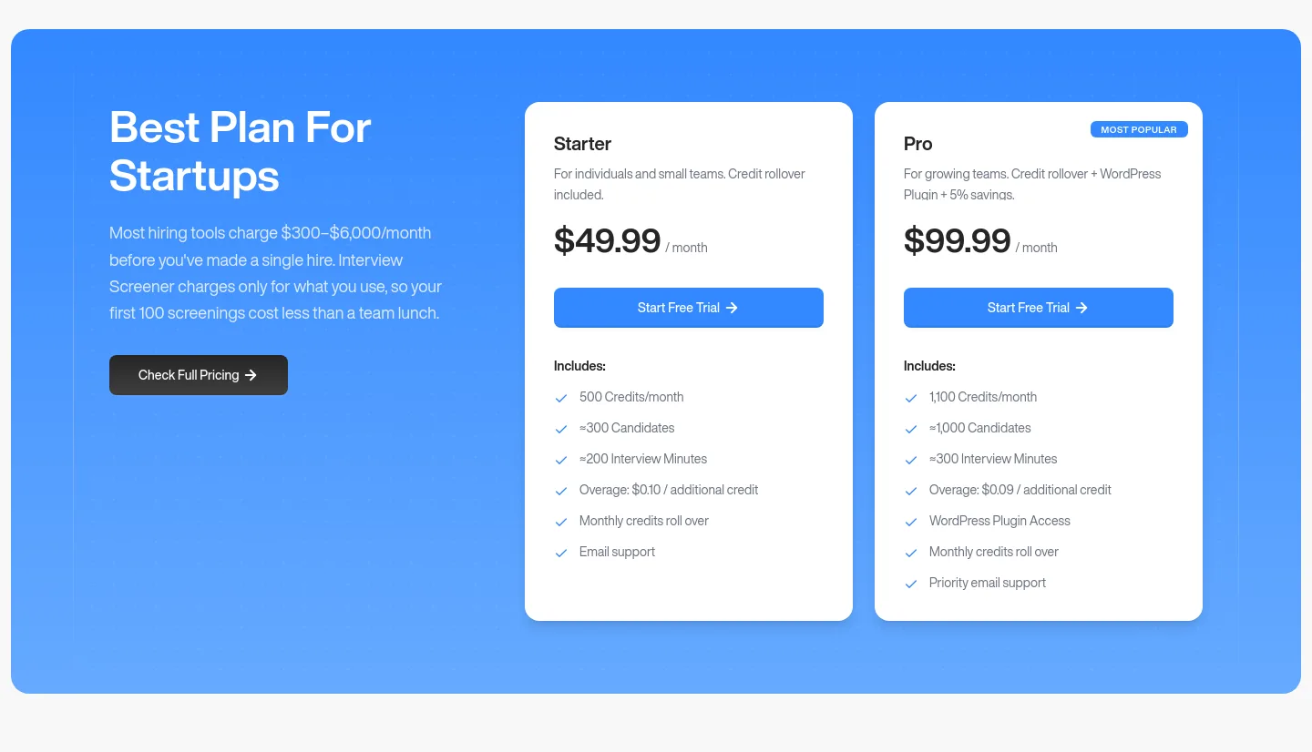 interviewscreener.com — Pricing