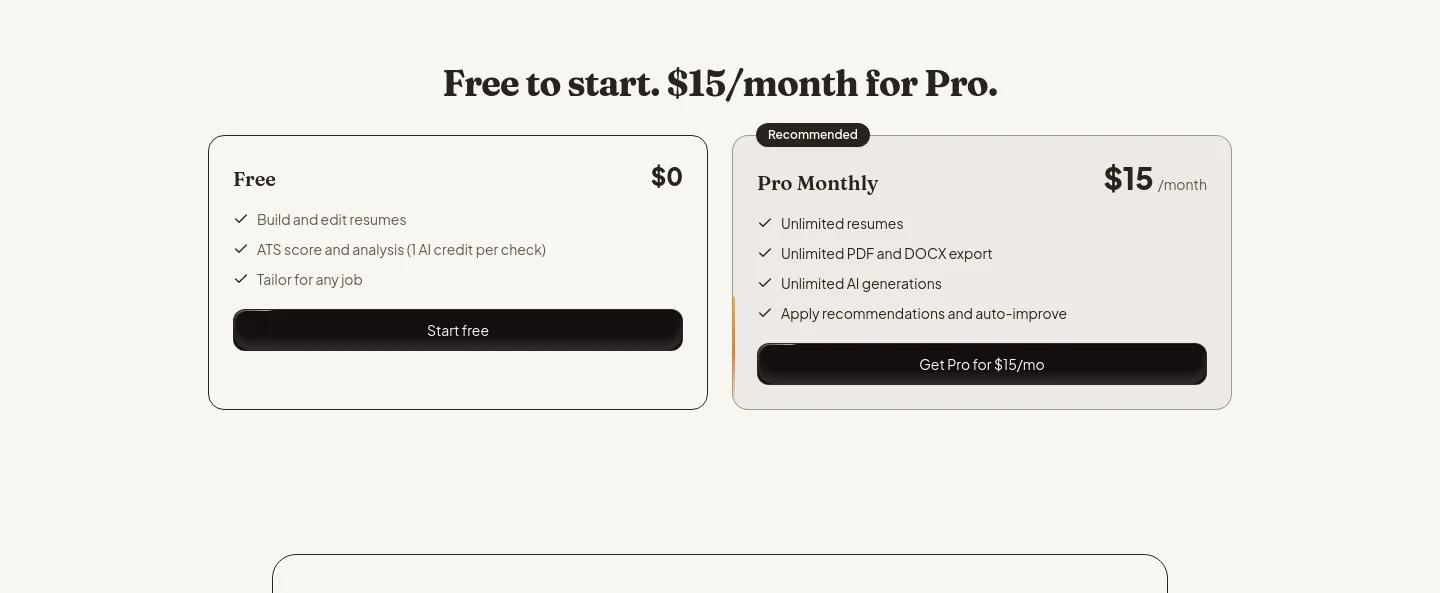 jobcopy.ai Pricing section