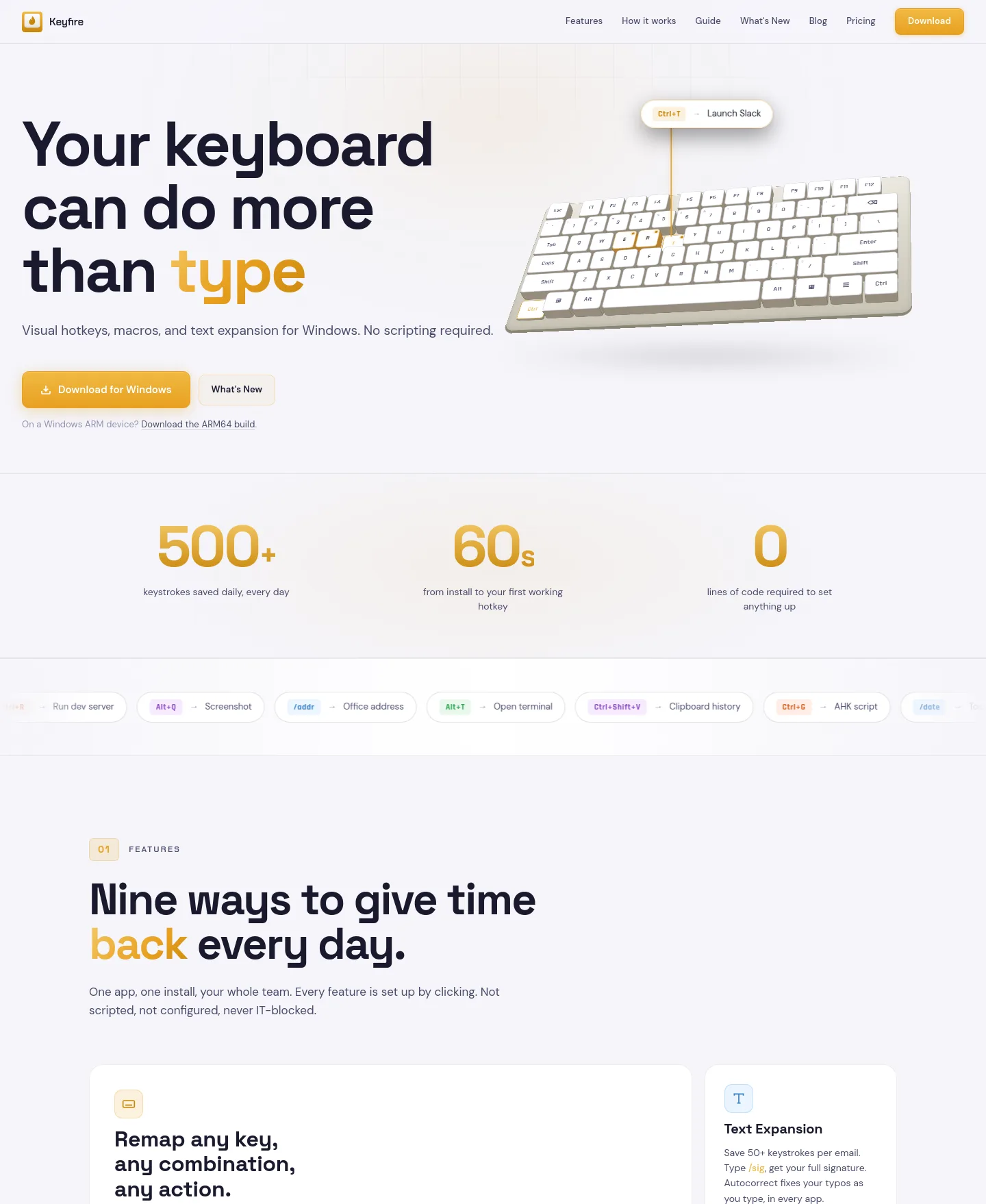 keyfire.app — Hero + Features + FAQ