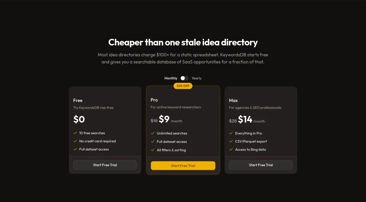keywordsdb.com Pricing section