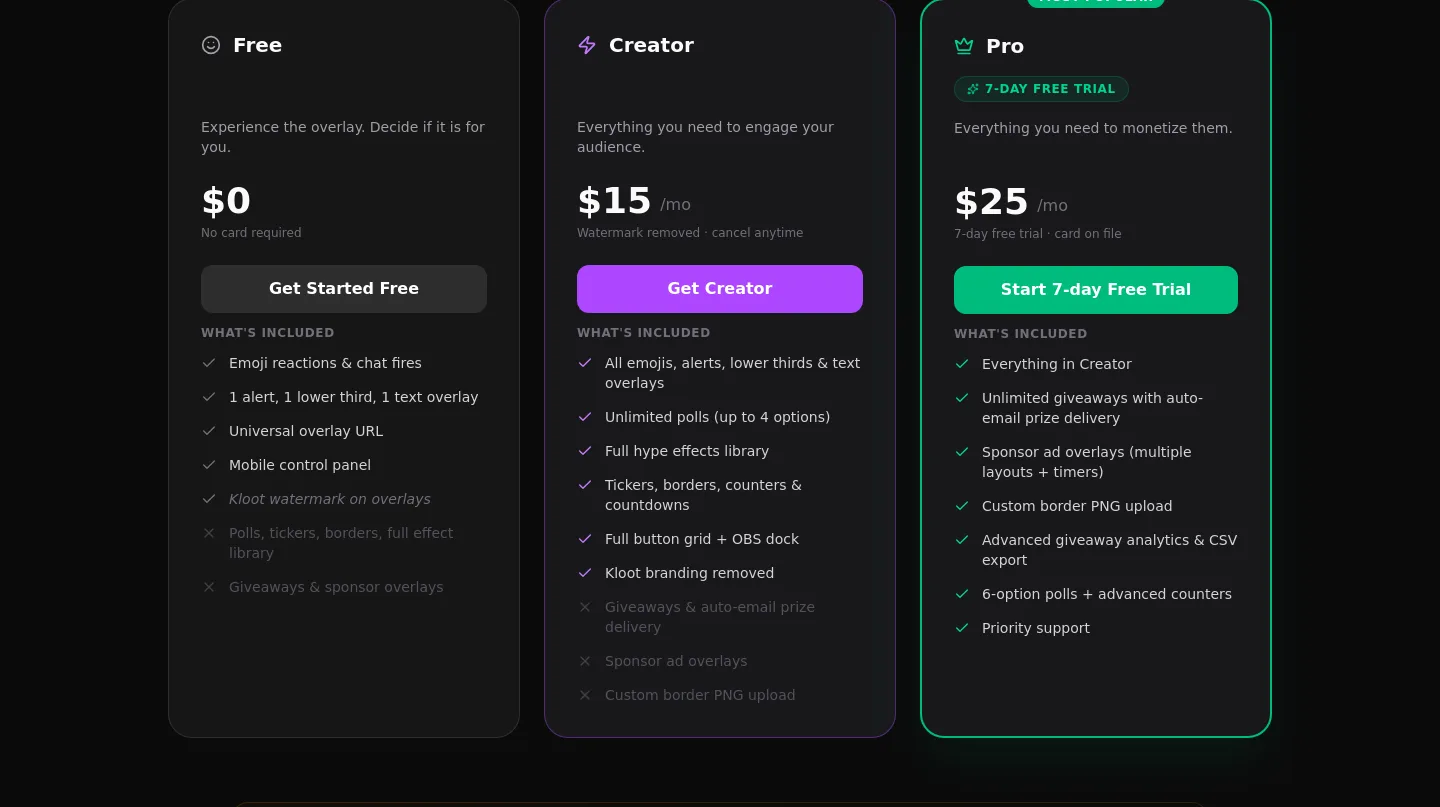 kloot.gg Pricing section