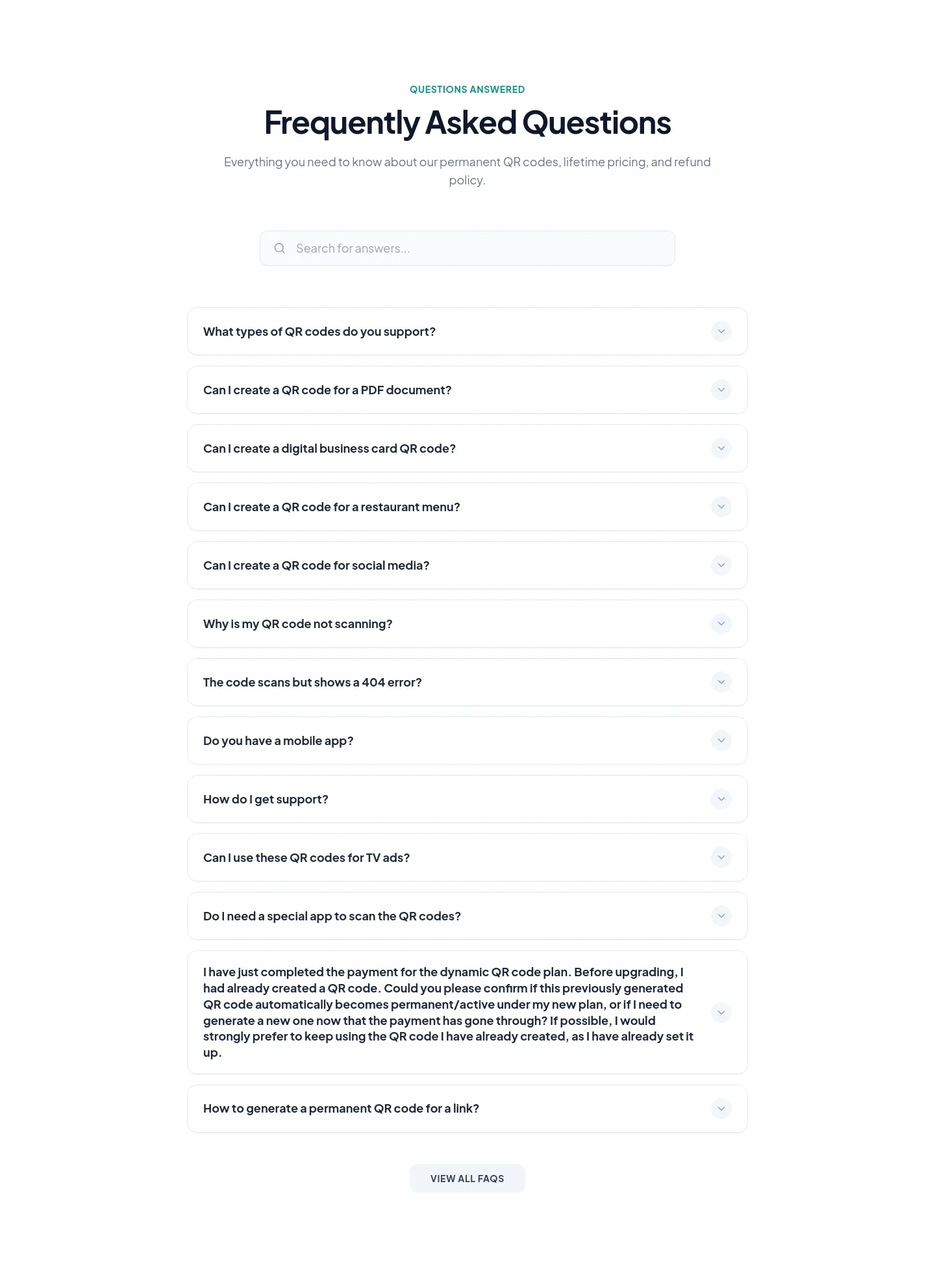 lifetimeqrcodes.com FAQ section