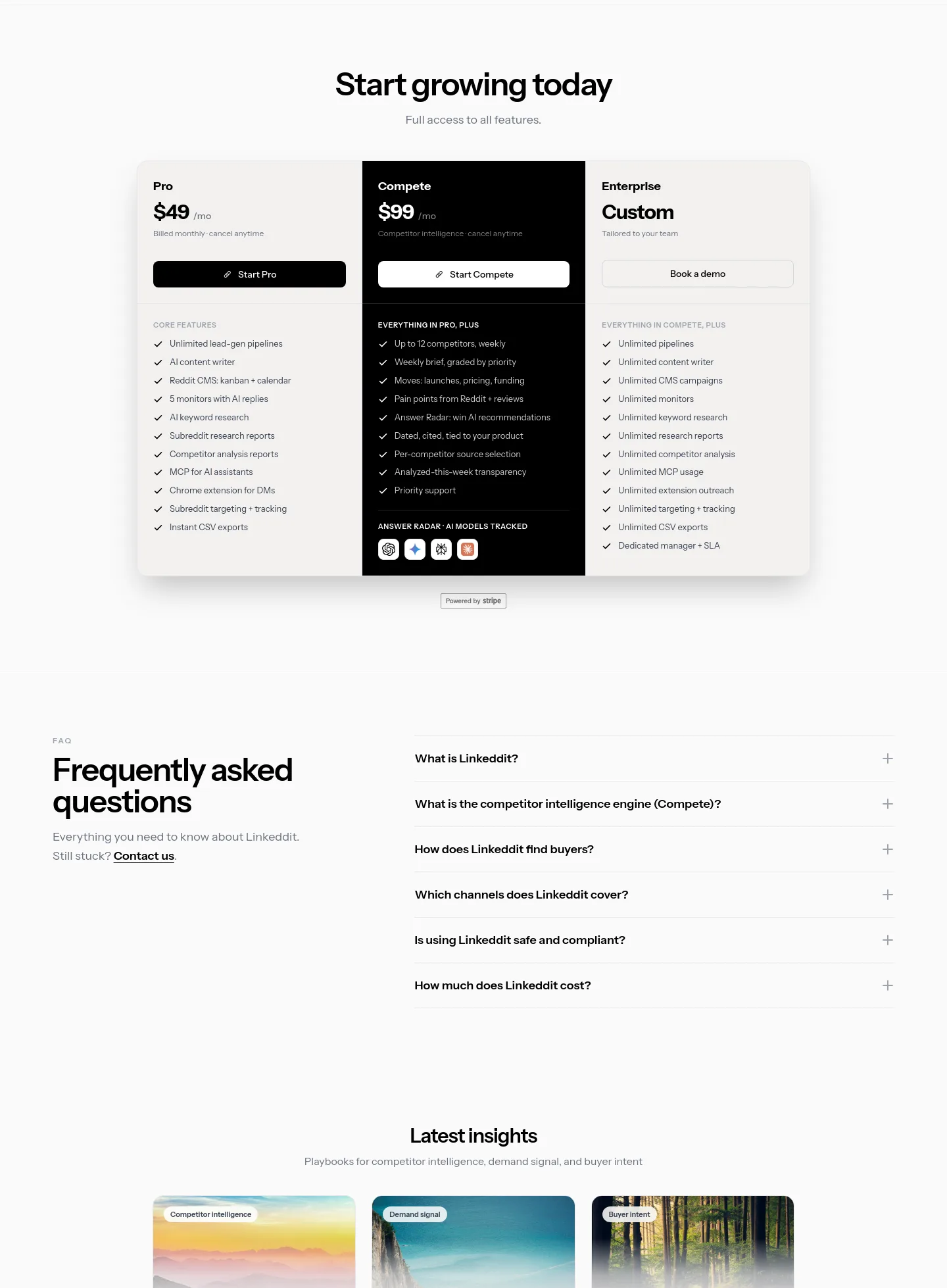 linkeddit.com Pricing section