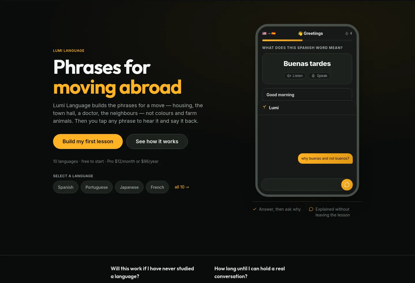 lumilanguage.com — a real Hero section