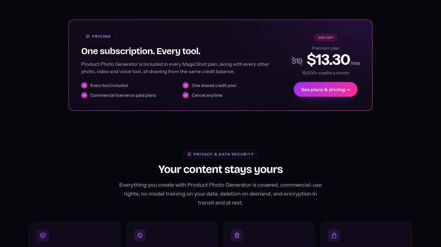 magicshot.ai Pricing section