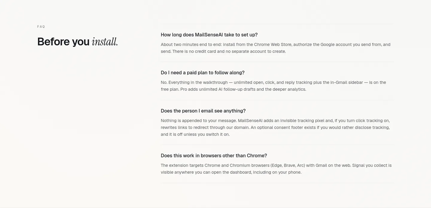 mailsenseai.com — a real FAQ section