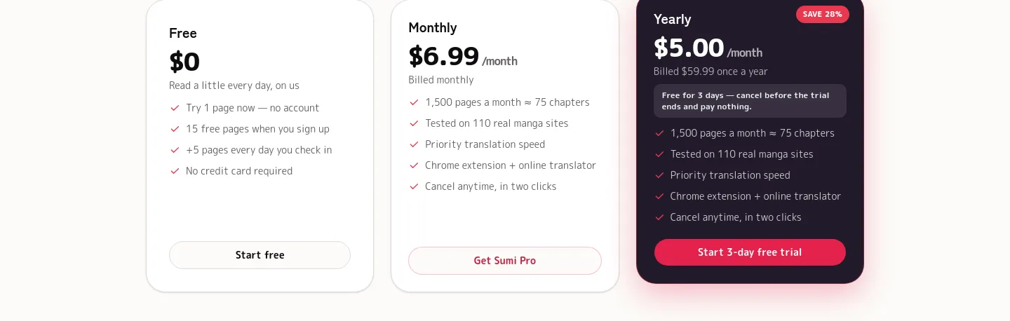 mangasumi.com Pricing section