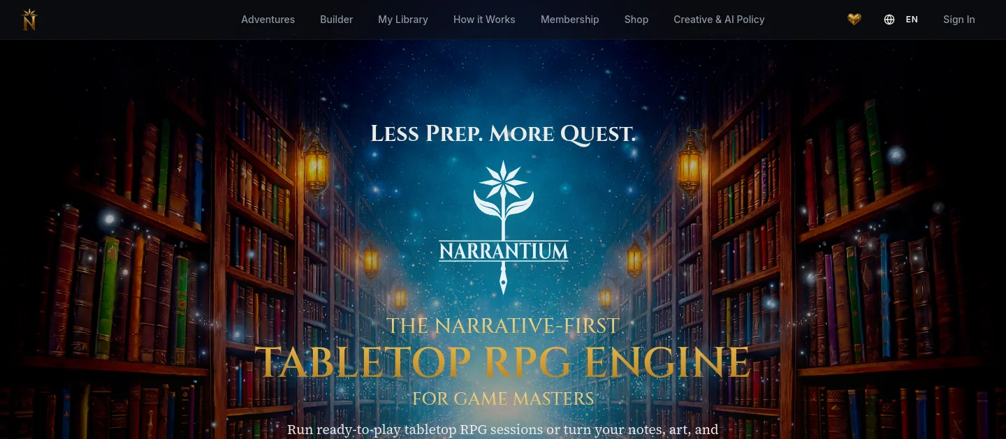 narrantium.com — Hero + Features + FAQ