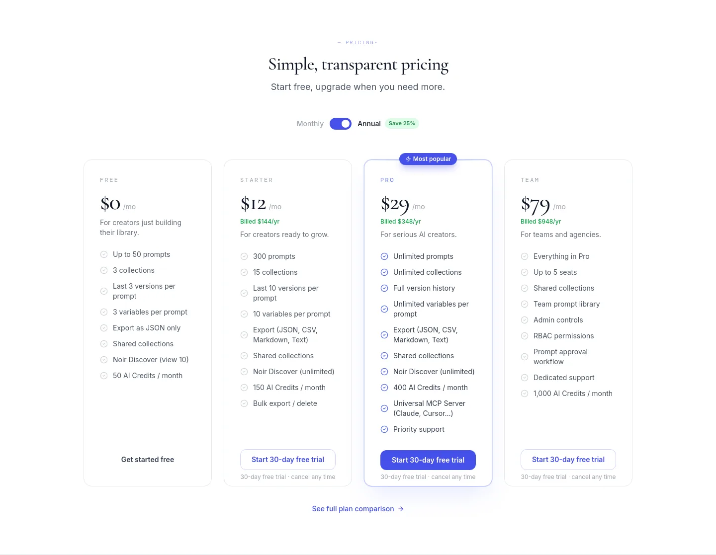 noirprompt.com Pricing section