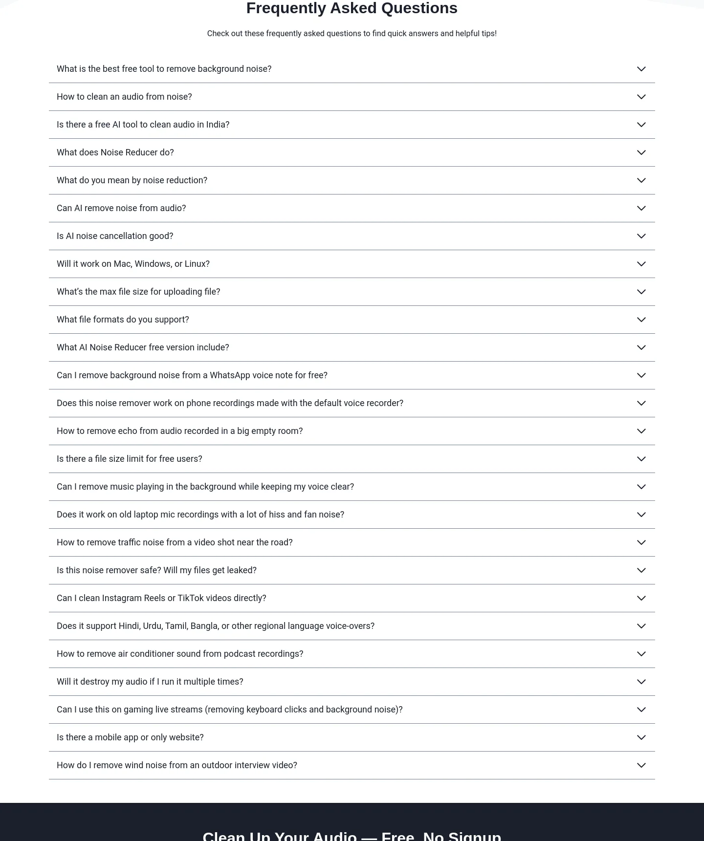 noisereducerai.com — a real FAQ section