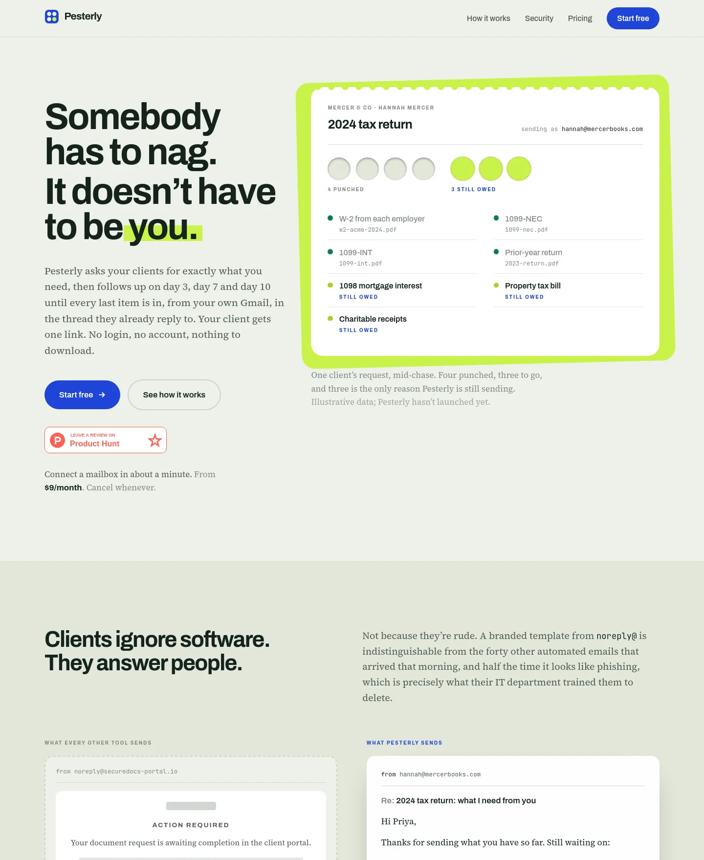 pesterly.com — Hero + Pricing