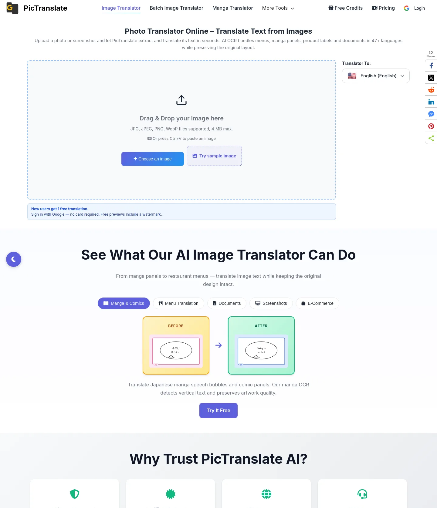 pictranslate.net — Hero + Comparison + FAQ