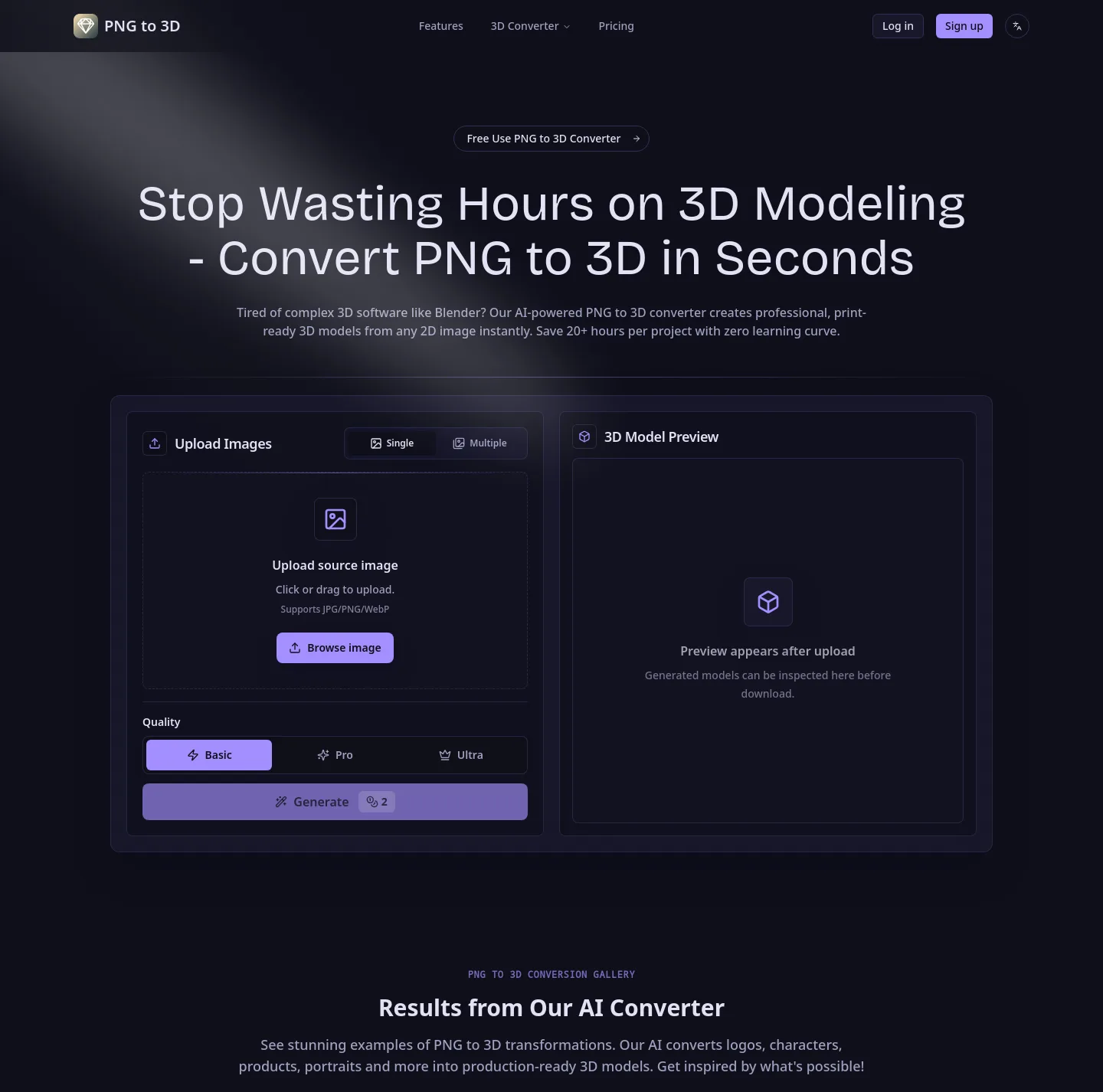 pngto3d.org — Hero + Logo Wall + Pricing + FAQ